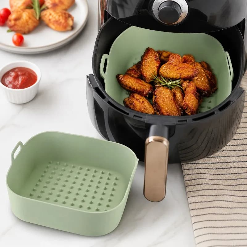 Teglia quadrata in silicone per friggitrice ad aria, resistente al calore, con doppio manico.