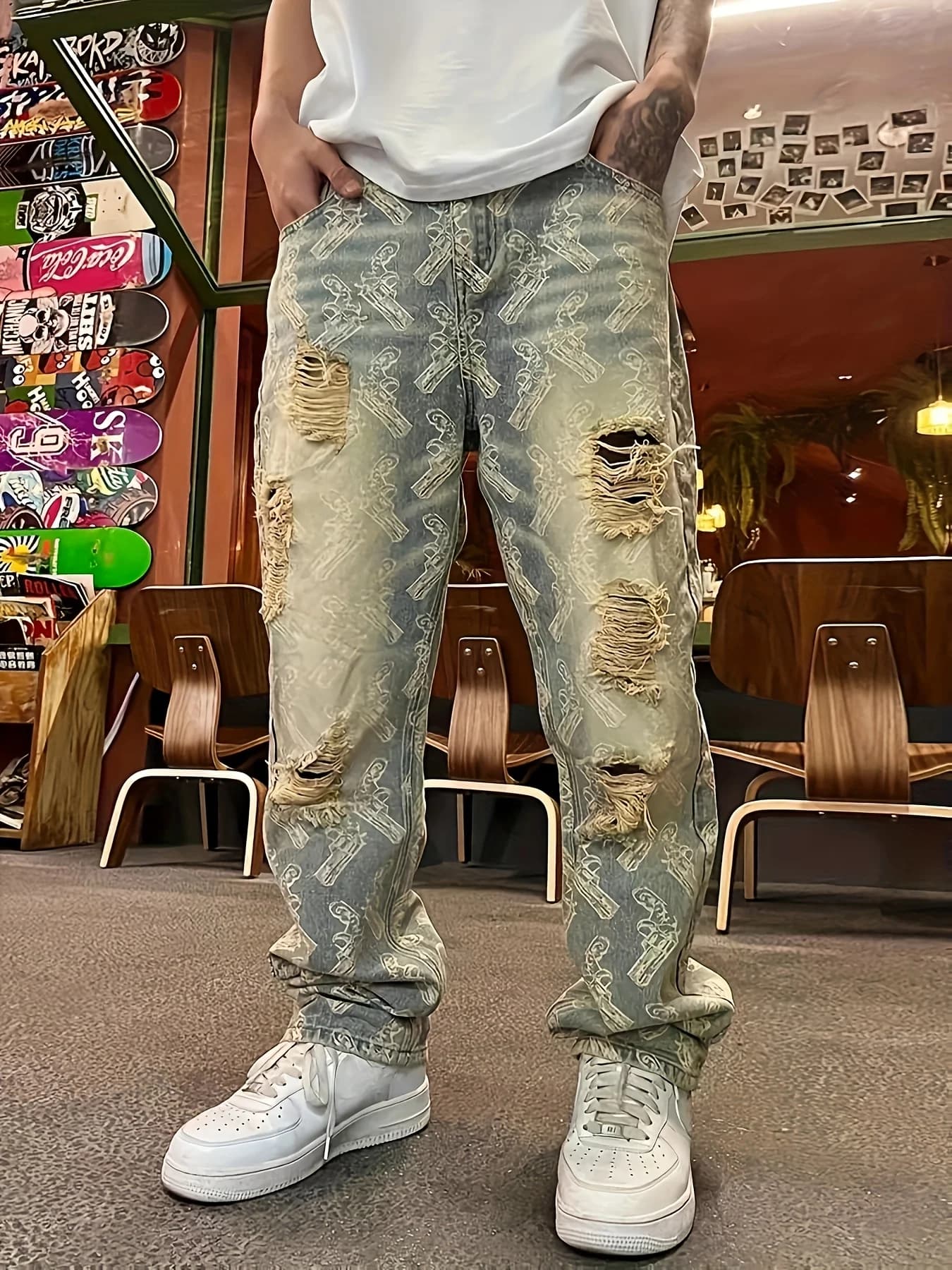 Jeans ripped washed American street style for man Long straight long trousers European and American High Street Spring and Autumn Vibe
