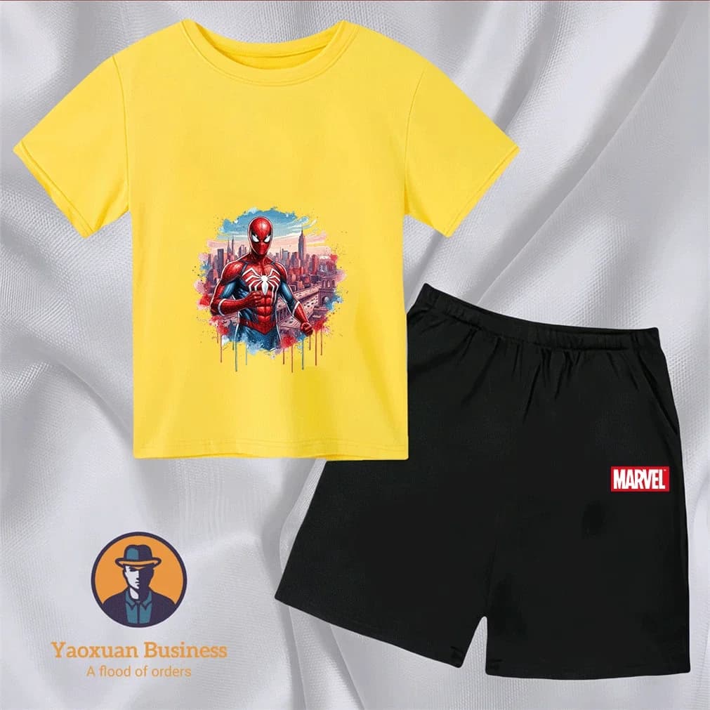 Completo Estivo per Bambini Due Pezzi Manica Corta con Stampa Spider-Man Marvel Anime Moda Estiva Abbigliamento per Bambini