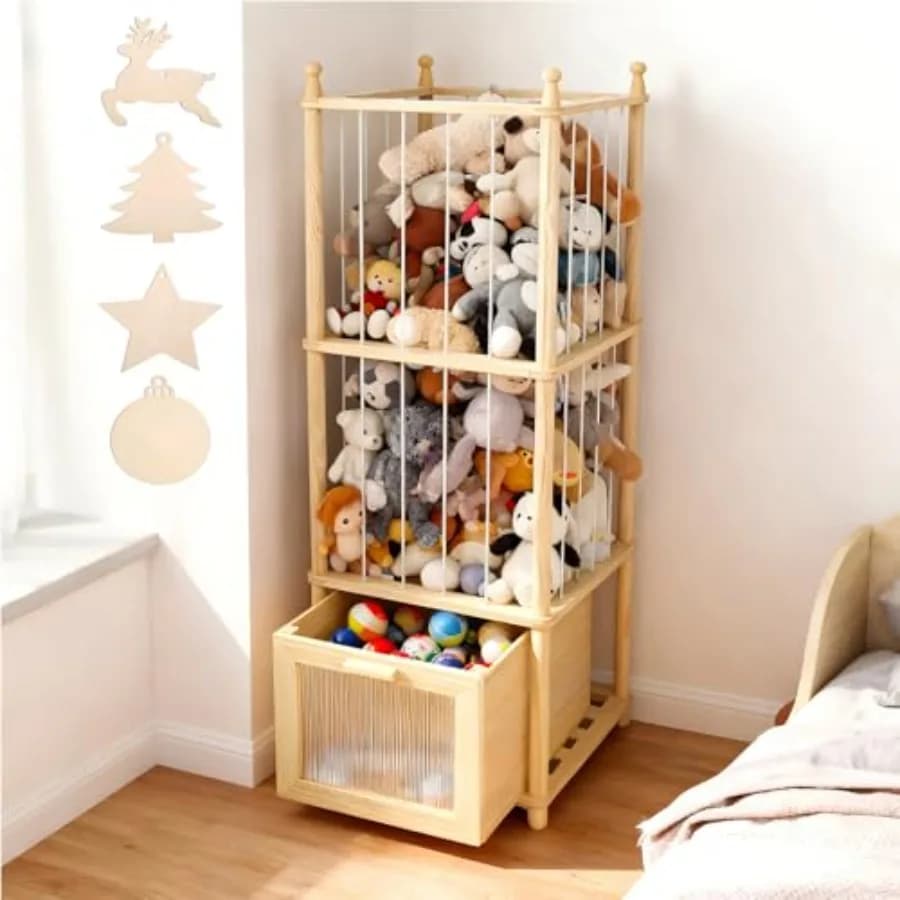 Organizzatore in Legno per Giocattoli di Peluche, Palline e Blocchi con Cassetto Trasparente per Cameretta e Sala Giochi - Stile Natalizio