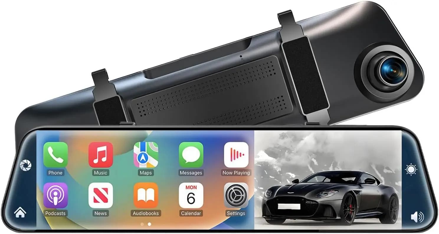 Specchietto Retrovisore con Dash Cam 12" 4K, Carplay e Android Auto, Controllo Vocale, Registrazione in Loop