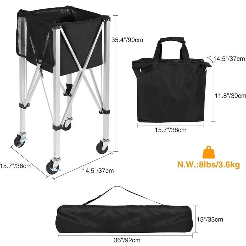 Large Capacity Foldable Aluminum Tennis Ball Collector Cart Portable Wheeled Baseball Softball Training Ball Storage Trolley