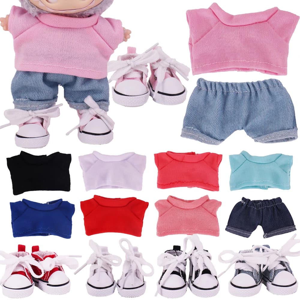 T-shirt labubu da 17 cm + jeans + scarpe di tela = set da 3 pezzi, mini vestiti per bambole in peluche Accessori per abiti Giocattoli per ragazze