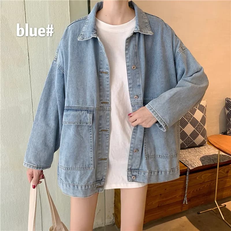 Retro Spring Autumn 2020 plus Size Women's Denim Jacket Loose Fit Slimming Outerwear Collar Button up Casual Fashion