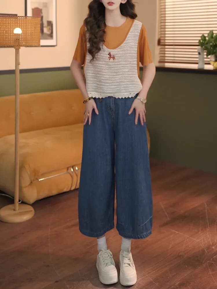 Fashionable Anti-Aging Women's Set Short Sleeve T-Shirt Wide Leg Jeans Color Block Casual Style Summer Collection 2026