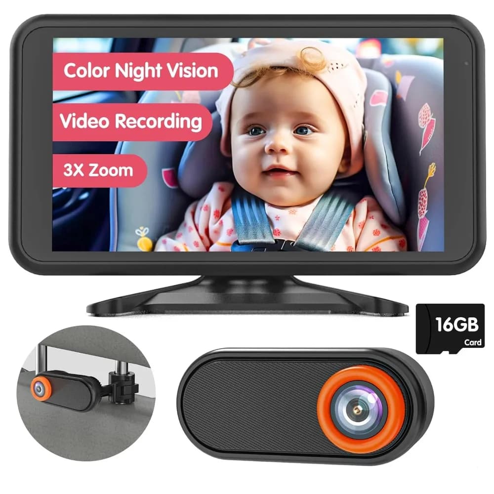 Telecamera per auto per bambini, 5,2" 1080p con registrazione video e scheda TF, telecamera per sedile posteriore con zoom 3x, 360 ° rotazione, installazione semplice