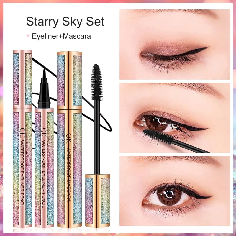 Black mascara liquid eyeliner set, volume and length colored mascara in 5D waterproof fiber, long-lasting proof eyeliner pen