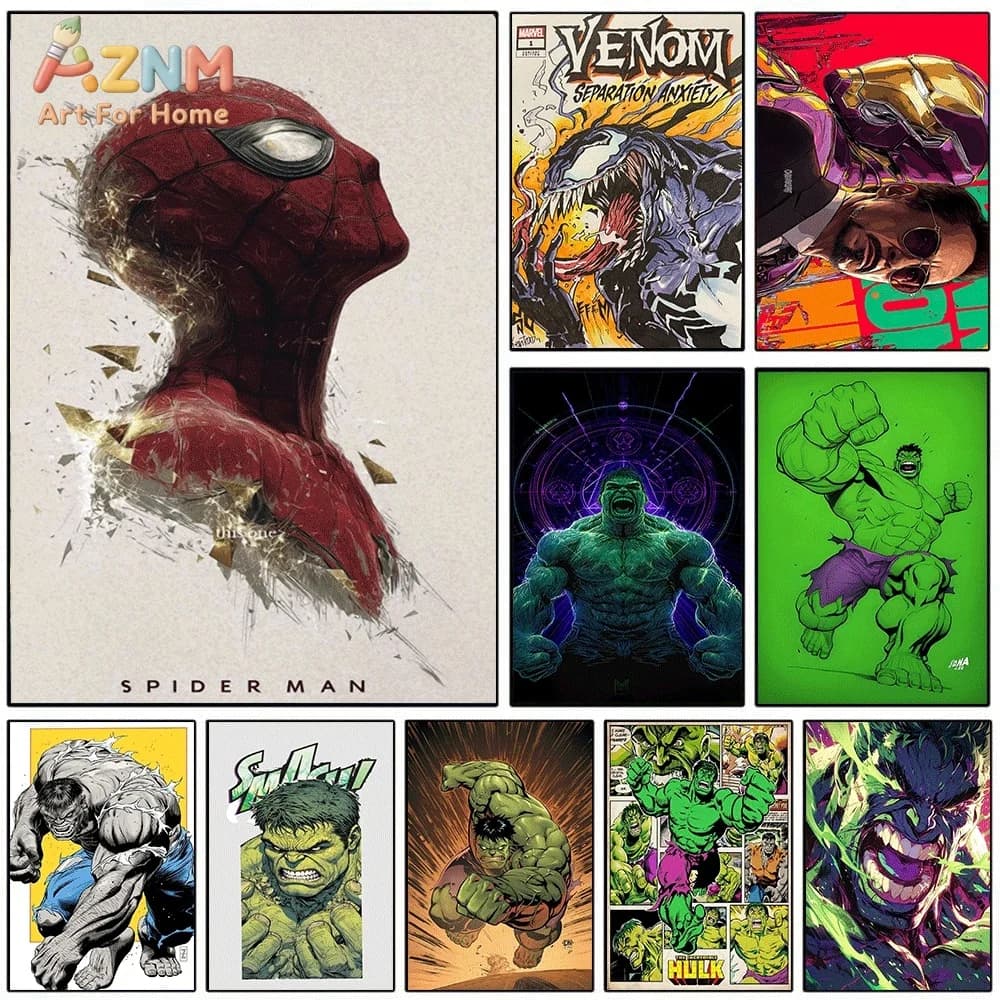 Superhero Comic Character Canvas Print,Spider‑Man Hulk Venom Iron Man Wall Poster,Unframed Canvas Painting for Living Room Bed