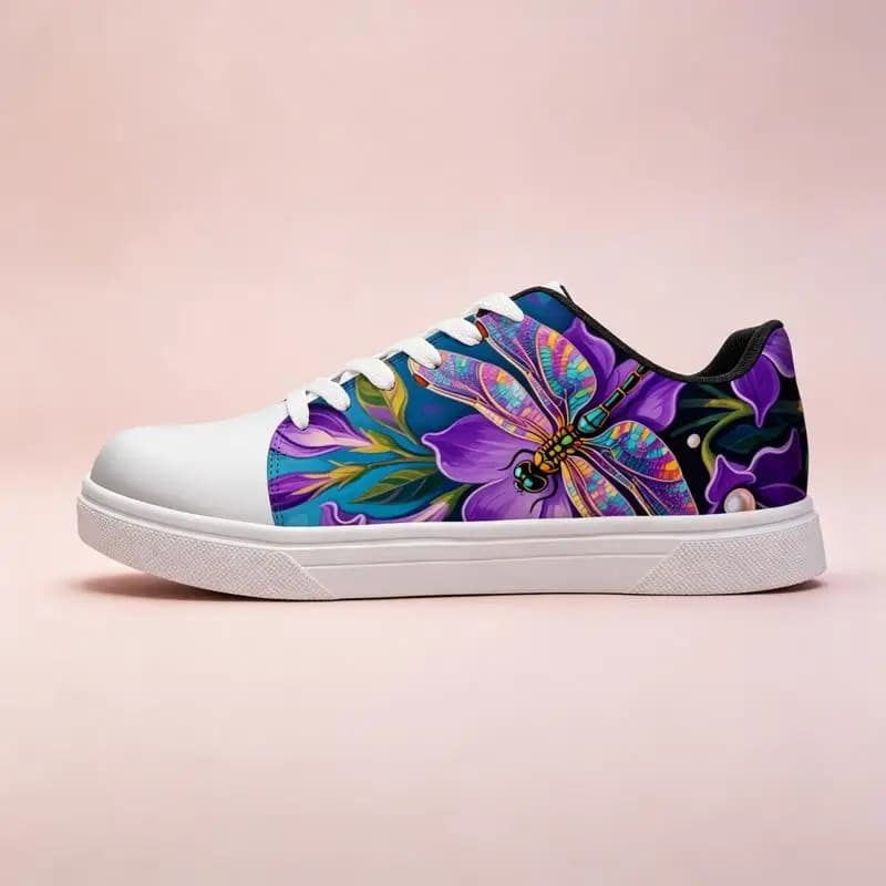 Ladies Men's Road Running Shoes，White sneakers with printed designs，Dragonfly and Flower Art Design，Various sizes available，Ligh