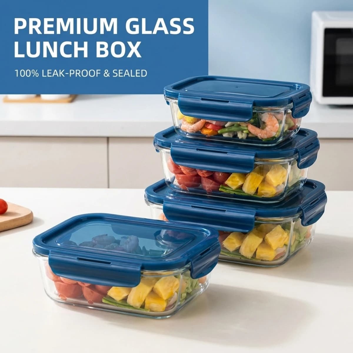 Set di 2 Contenitori per Alimenti in Vetro Blu Stellato, Coperchi Ermetici Antiperdita, Adatti per Microonde e Congelatore, Contenitori per Preparazione Pasti e Pranzo al Sacco
