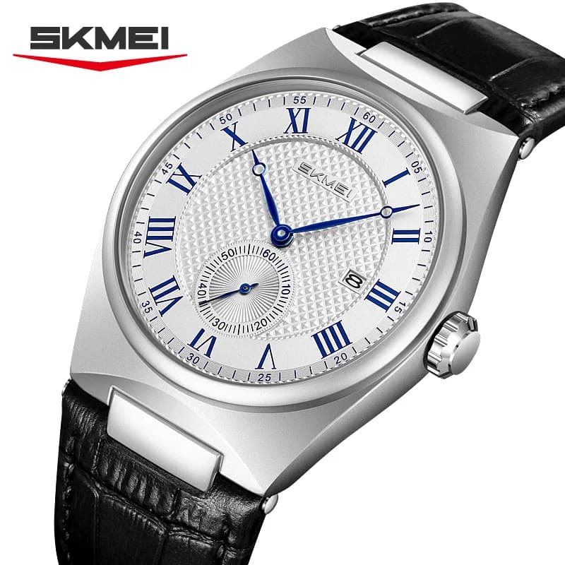 SKMEI 9390 Elegant Men's Quartz Watch Roman Scale Calendar Waterproof Leather Strap Casual Working Watches for Men Reloj Hombre