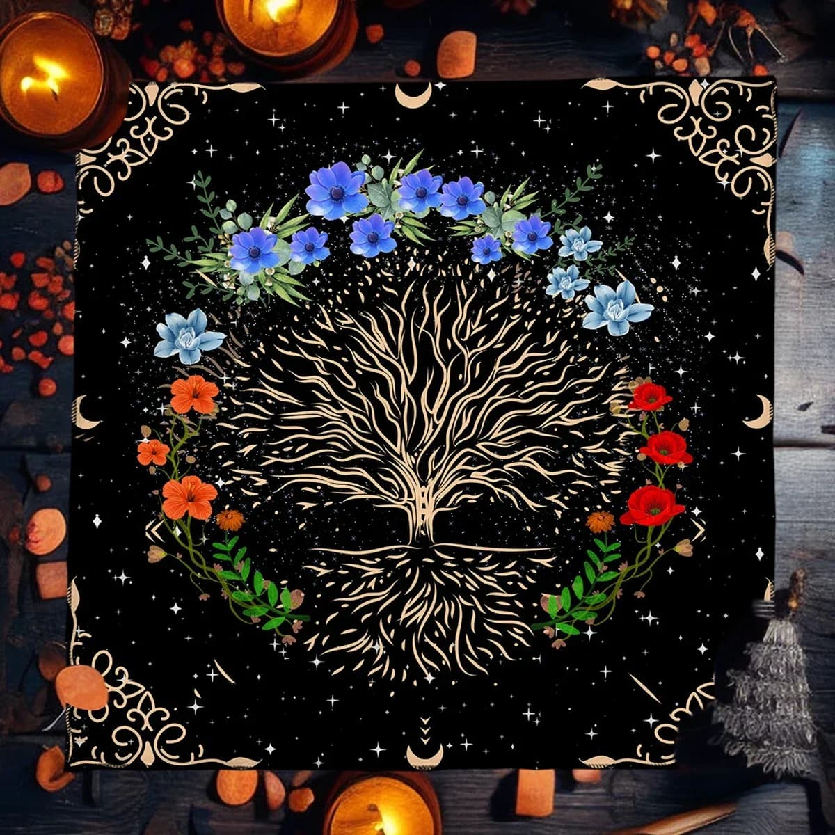 Tovaglia per carte dei tarocchi dell'albero della vita con fiori e piante per la lettura dei tarocchi, cielo stellato, strega, altare, decorazioni per la casa