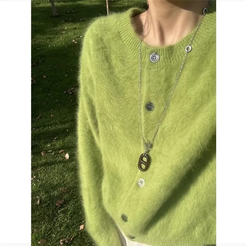 Giacca maglione girocollo verde ampia e di fascia alta per abbigliamento autunnale e invernale da donna, cardigan spesso morbido e felpato