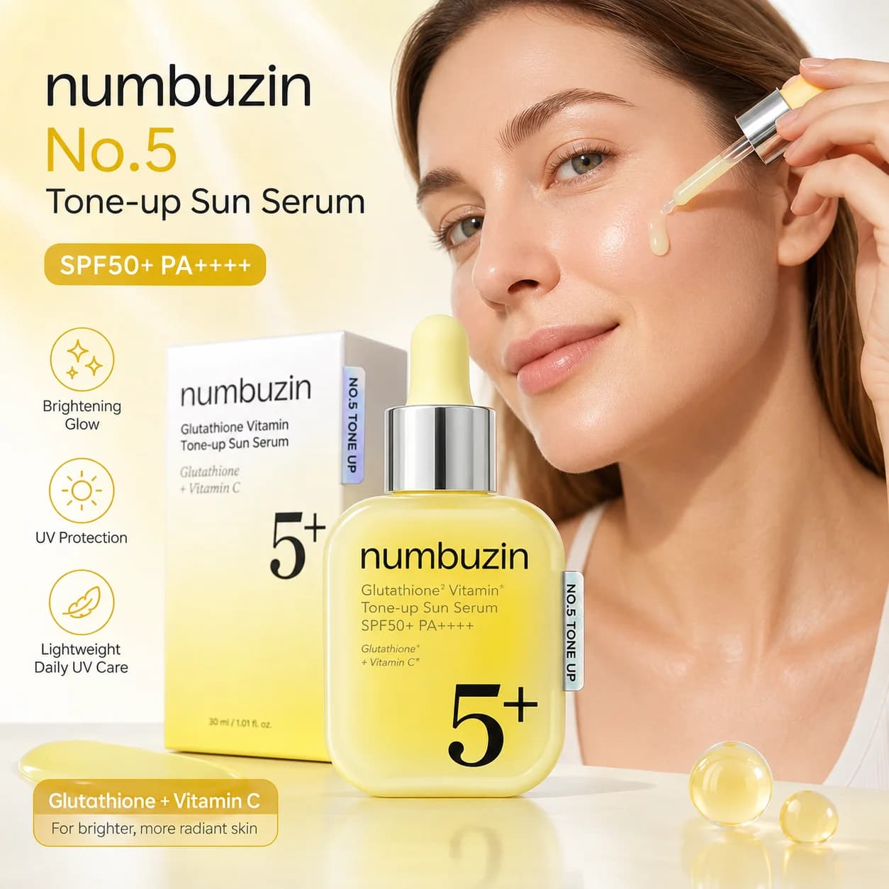 Numbuzin 5 Glutathione Brightening Sunscreen Essence Vitamin C Hydrating Lightweight Tone Up Sun Serum for Dull Uneven Skin Care