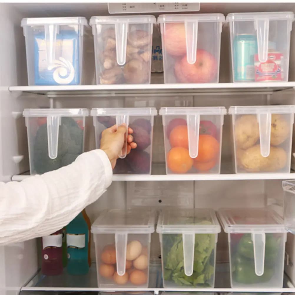 Food Grade Plastic Refrigerator Crisper Box Rectangular Stackable with Handle Lid Transparent Fridge Storage Container for Dry