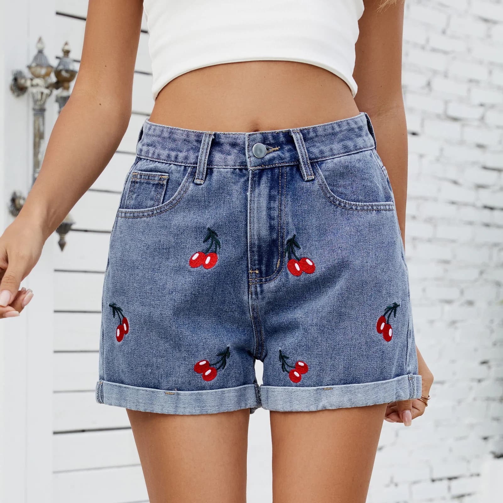 Washed Street Style High Waist Denim Shorts Women's Fashion Cherry Embroidery Cotton Jeans plus Size No Stretch Blue Color