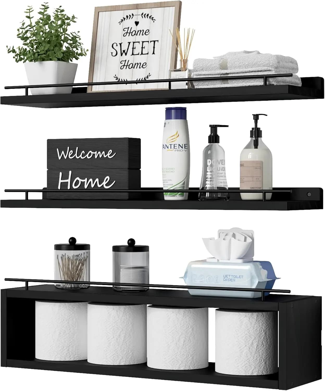 Mensole Floating from Wall 24 Inch with Containers Cube, Organizer for Bathroom with Bar Metallica Above WC - Black