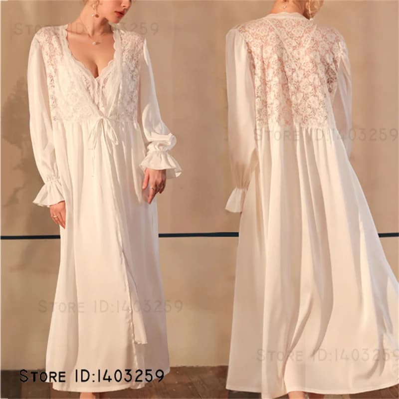 Perspective Lace Bride Wedding Robe Dress Long Kimono Bathrobe Gown Sexy Female Sleepwear Homewear Ice Silk Loungewear Nightgown