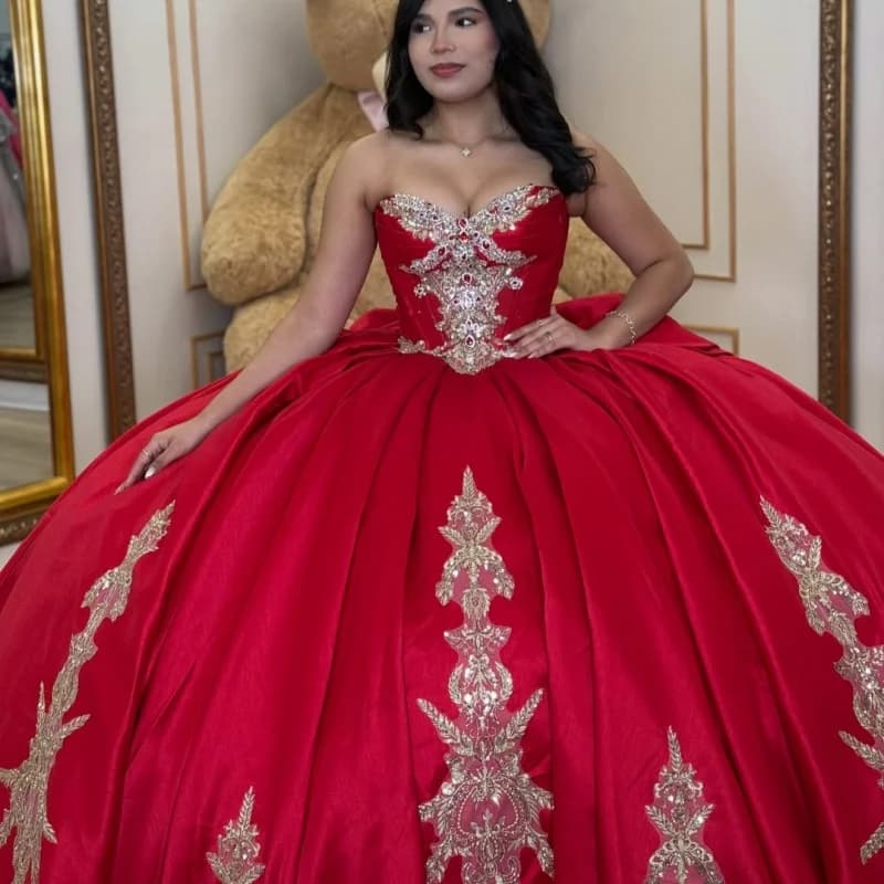 Satin Red Quinceanera Dress Crystal Golden Glitter Decal Long tail off-shoulder Bow Vestidos De 15 Quinceanera Customize