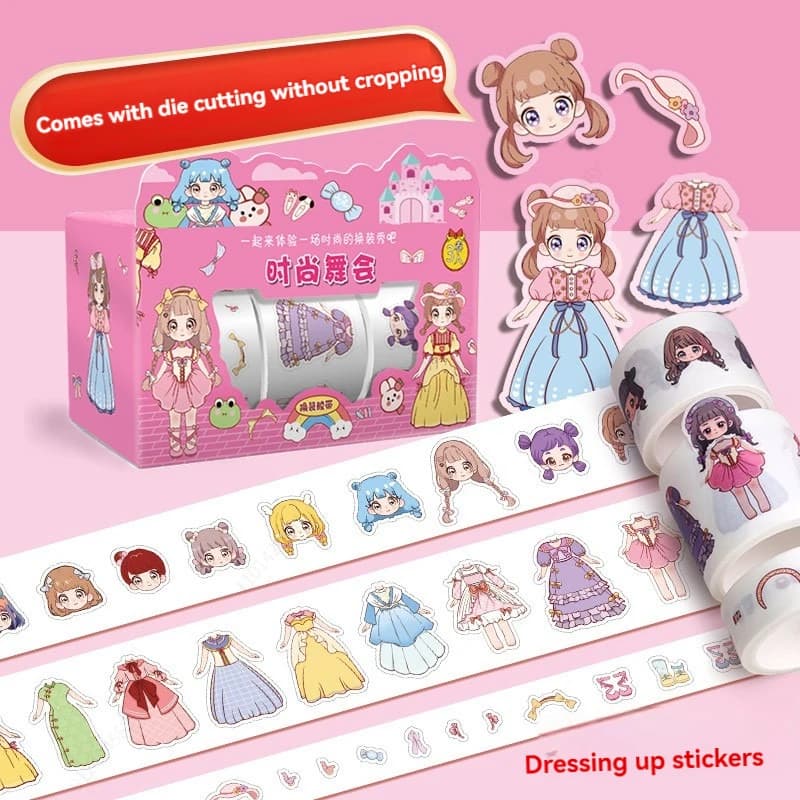 1 sticker box for dressing the cute princess, set of Washi ribbons for girls cartoons, decorative stickers for clothes for characters, cute children's manuals
