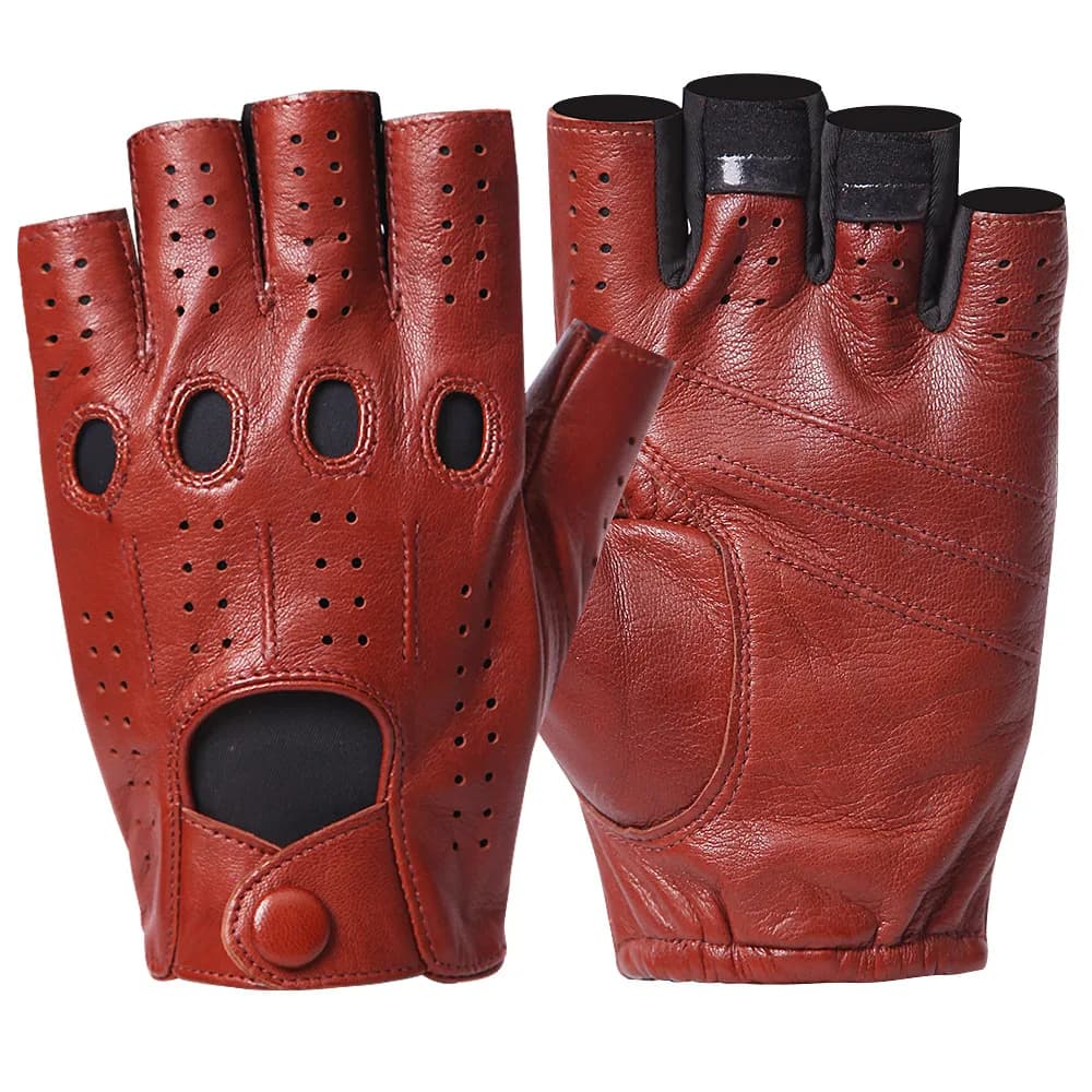 Men's Half Finger Genuine Leather Gloves Thin Breathable Fingerless Sheepskin Gloves for Motorcycle Driving Wearable EM102P
