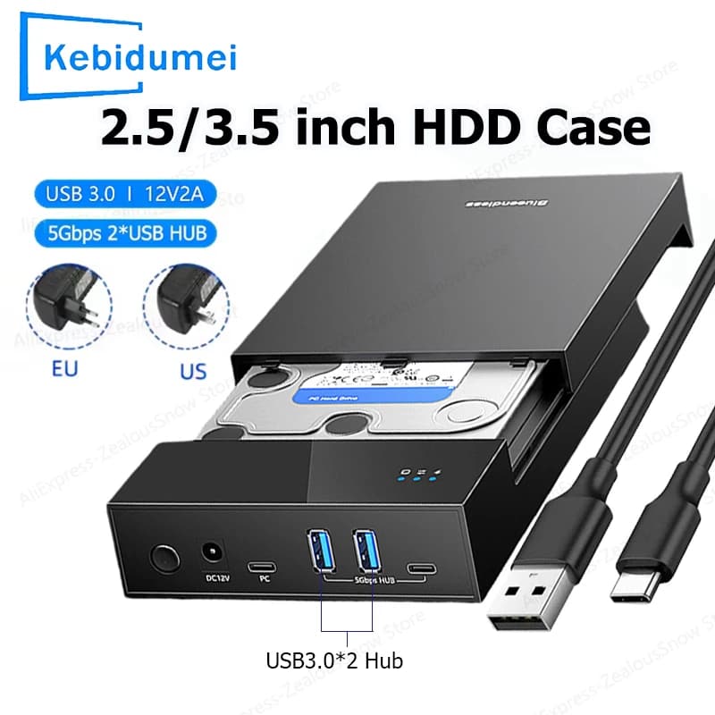 Custodia per HDD/SSD da 2,5/3,5 pollici Supporto HUB USB 3.0 Porte USB da 20 TB Scatola per disco rigido esterno per custodia HDD SSD SATA da 3,5 2,5 pollici