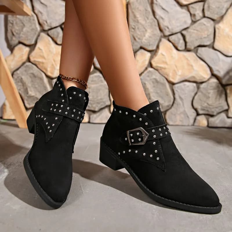 2025 Plus Size 36-43 Autumn/Winter New Boots Thick Heel Suede Rivet Belt Buckle Women's Pointed Short Boots Women