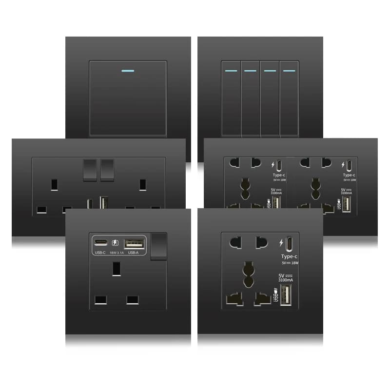 Black Wall Grip UK 13A with USB Type C 18W socket for fast charging, wall current socket with USB charger, switch with socket