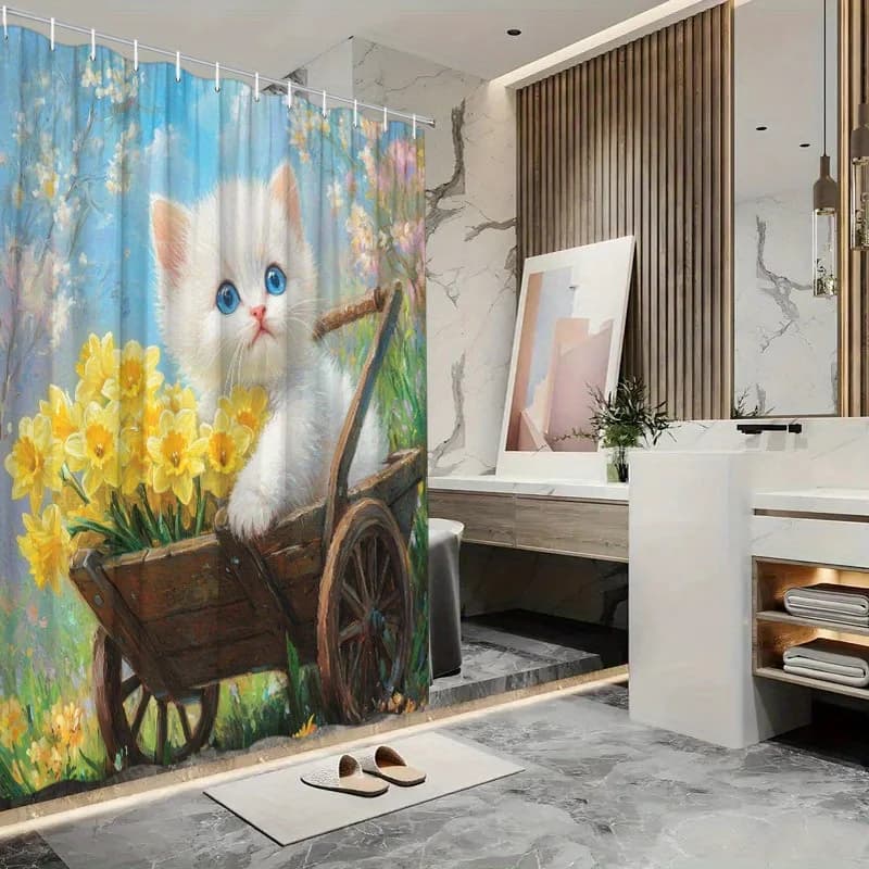Stravagante tenda da doccia con gattino bianco - Carrello narciso, occhi azzurri scintillanti, paesaggio pastello, 70,8x70,8", poliestere, 12 ganci