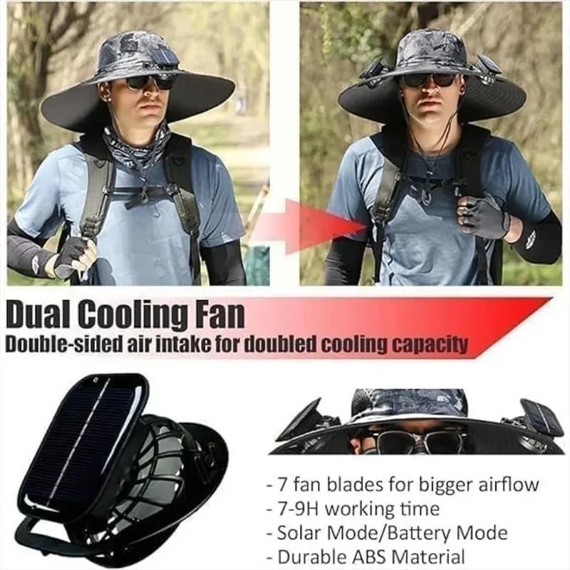 【Best-seller】 Cappello da ventilatore solare a tesa larga alla moda da uomo nuovo UPF50+ Protezione solare con doppia alimentazione (USB solare) Regolabile per esterni