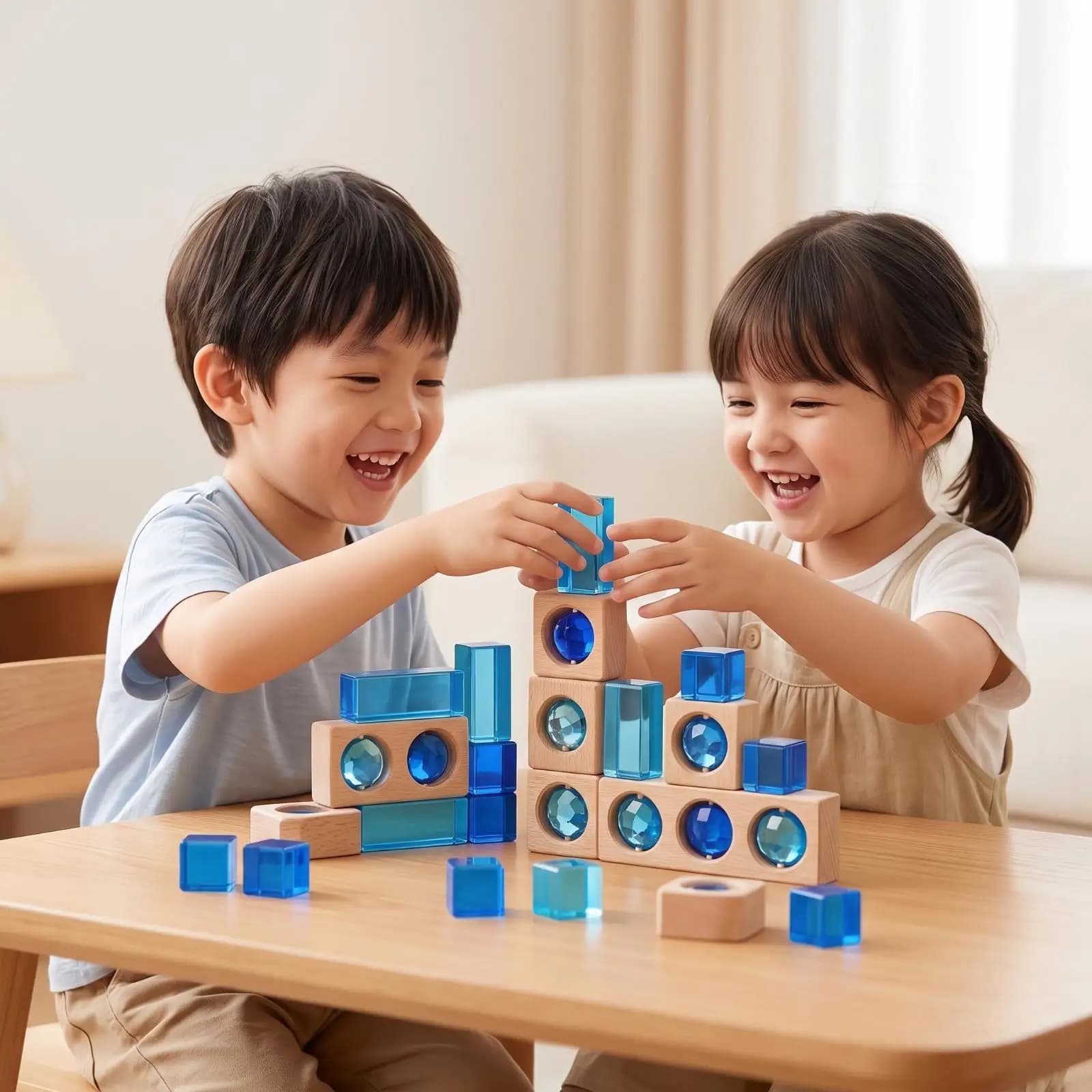 Beech Wood and Acrylic Building Blocks Set for Kids Light Diffusing Sensory Toy for Motor Skill Development