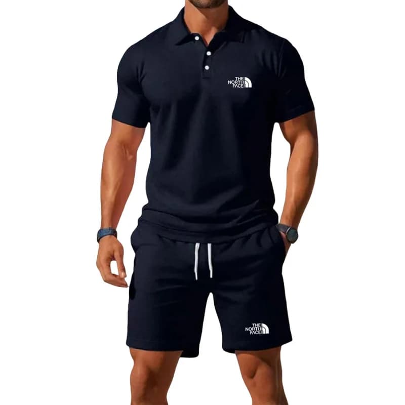 Completo Estivo da Uomo: Polo Casual Business e Pantaloncini Traspiranti a 2 Pezzi (T-Shirt a Maniche Corte + Pantaloncini con Coulisse)