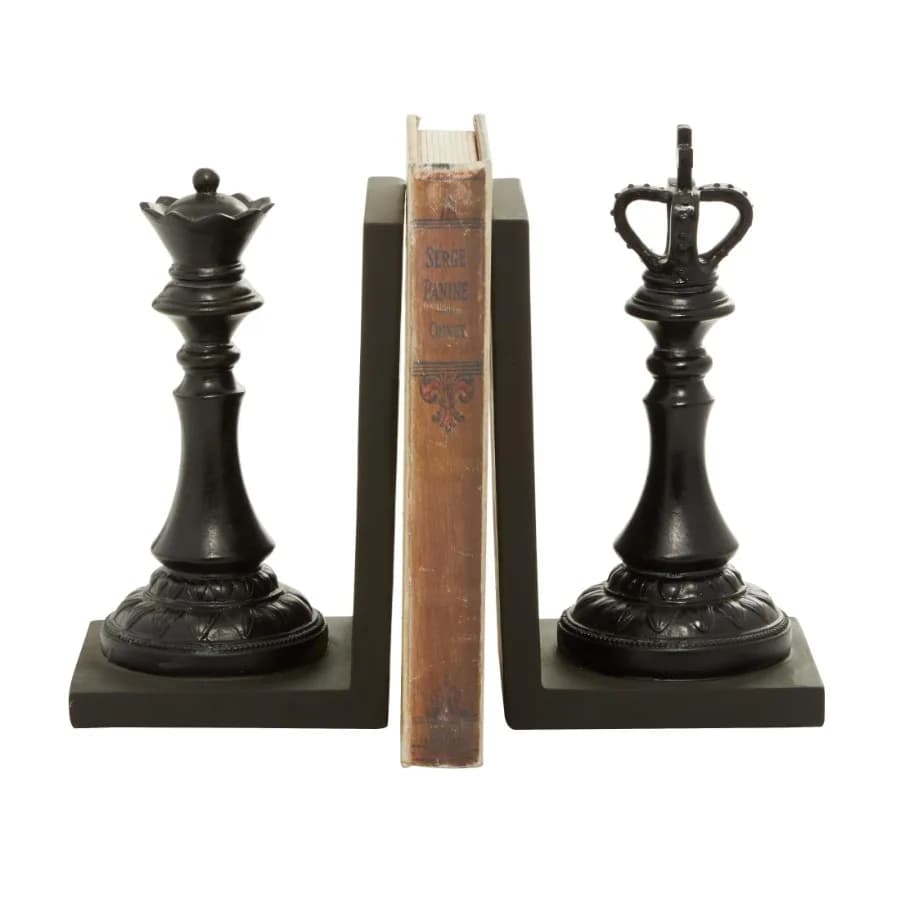 5" Chess Black Polystone Bookends with King and Queen Set of 2