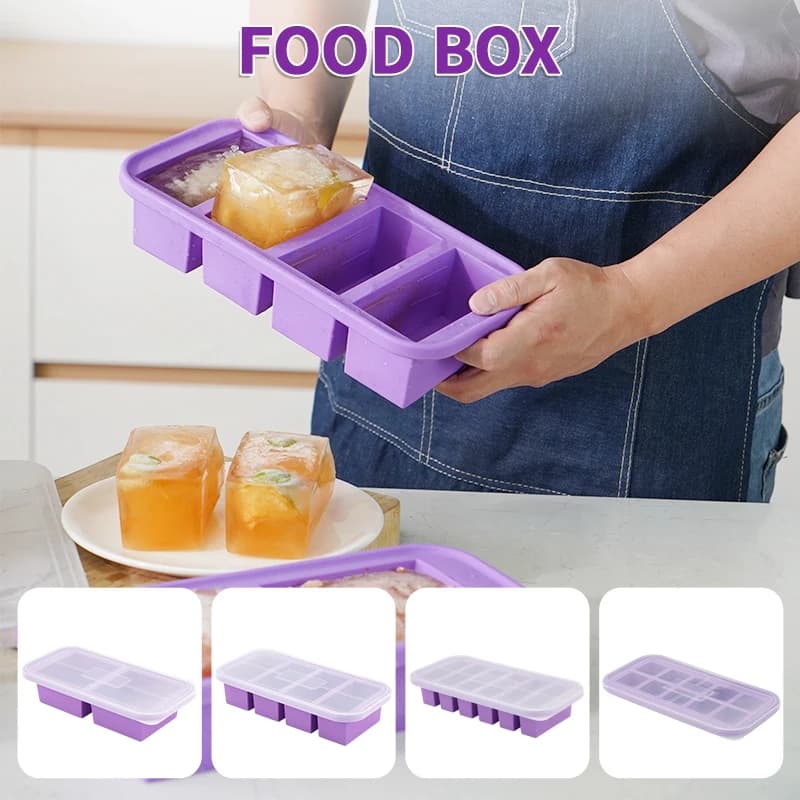 Set di stampi per vassoi per congelatore in silicone da 2 o 3 pezzi con coperchio, scatola di immagazzinaggio, contenitore per alimenti per zuppa, brodo, preparazione dei pasti, cubetti di ghiaccio, cucina