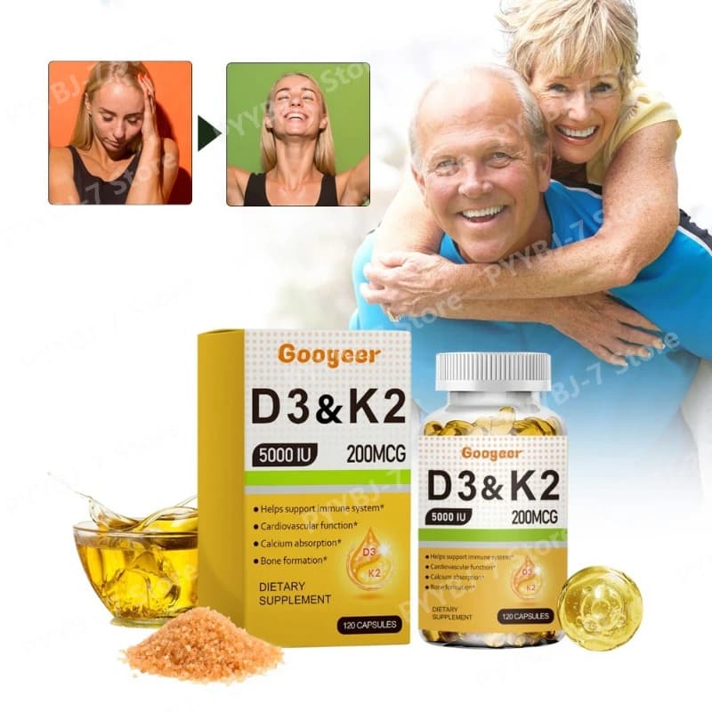 Capsule di Vitamina D3 K2 5000 UI 200 Mcg Integratore Alimentare per Supporto Immunitario e Salute delle Ossa Assorbimento del Calcio per Adulti 120 Capsule