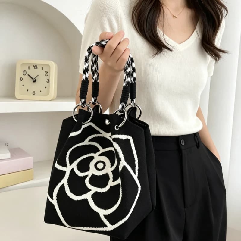 Elegante Mini Borsa a Mano in Maglia con Stampa Camelia, Tote Nera con Manici Intrecciati, Leggera e Alla Moda per Lavoro, Pendolarismo e Uso Quotidiano