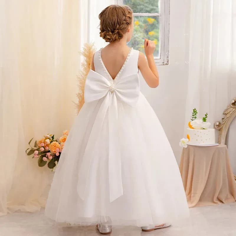 Abito lungo per bambina, elegante, con scollo a V, senza schienale, grande fiocco, perle, ragazza di fiori, festa di compleanno, spettacolo di pianoforte
