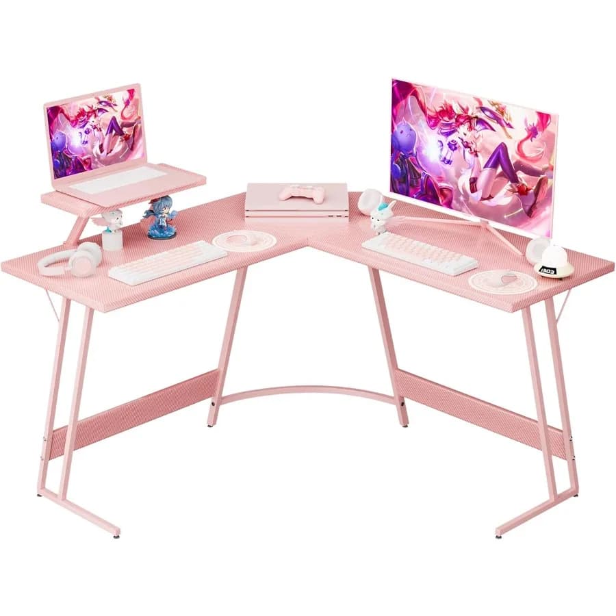 L-shaped pink gaming desk with wide display support for home office study and writing desk Spacious corner computer table