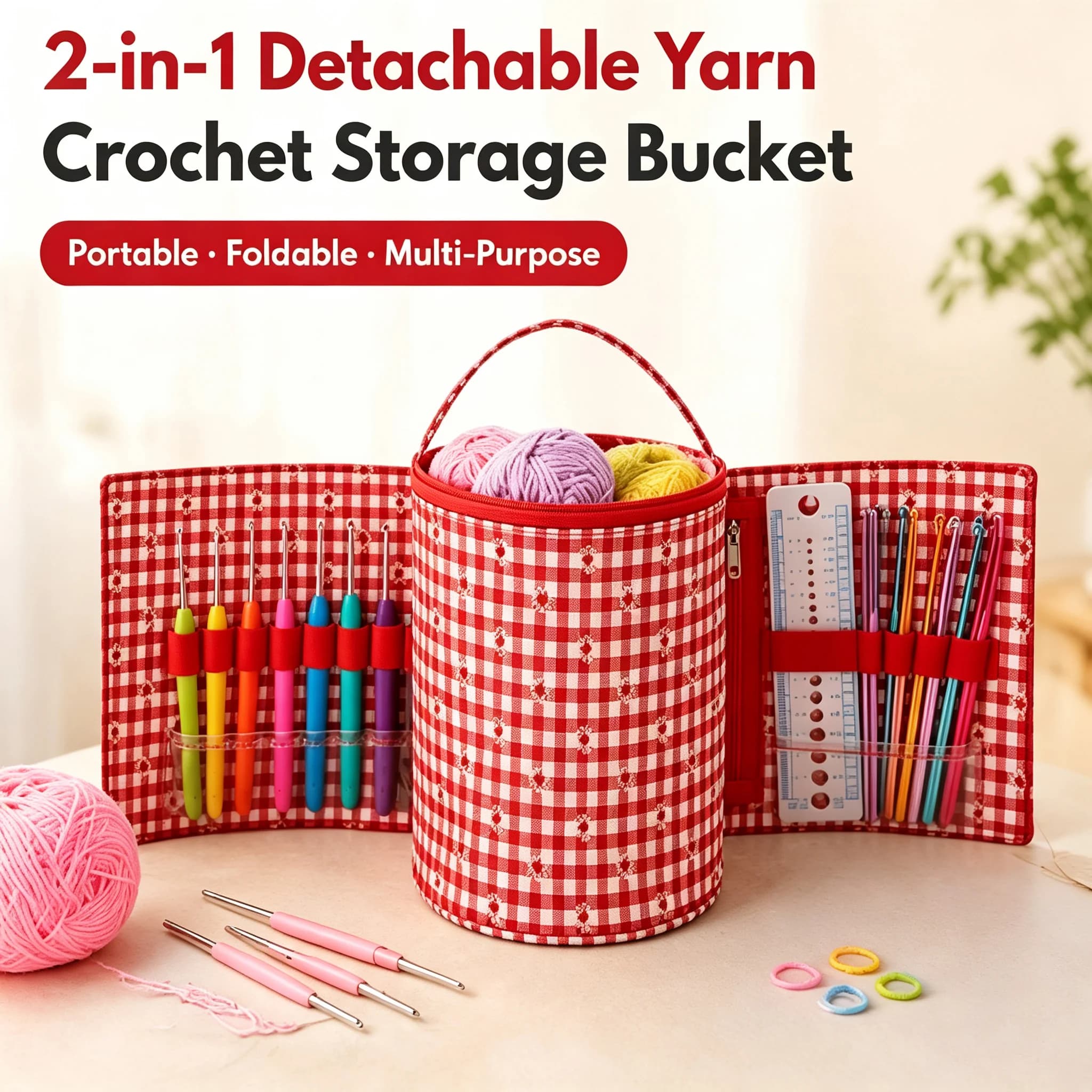2-in-1 Detachable Yarn Crochet Storage Bucket Portable Foldable Knitting Needle Organizer Bag for Craft Lovers Sewing Tools