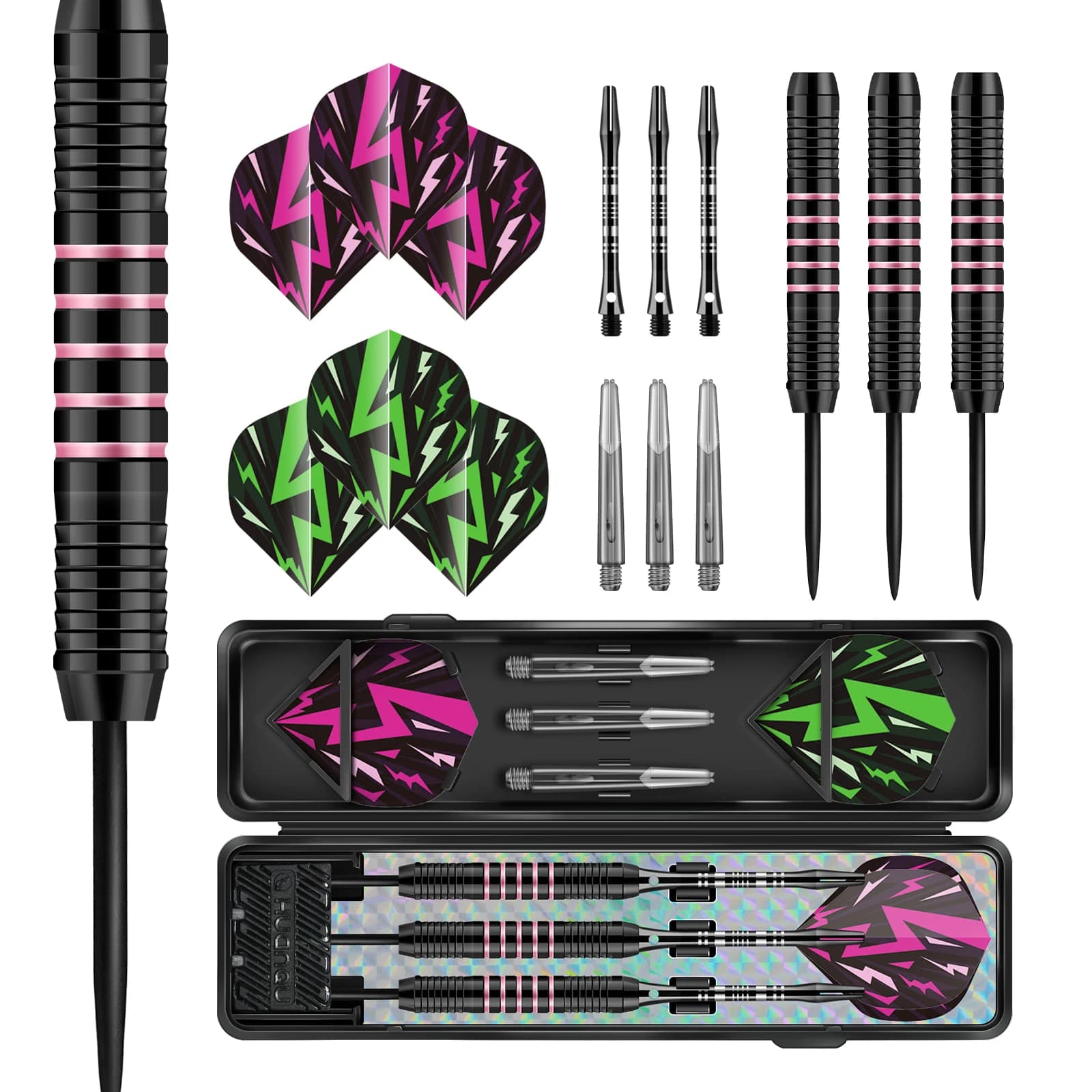 HUANQU 3Pcs Iron Steel Tip Darts Set with 3 Sets Replacement Shafts & Flights, Professional Dartboard Game Accessories