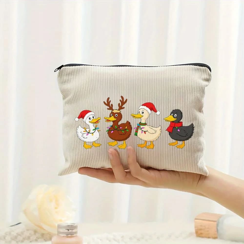 Corduroy Makeup Bag Cute Christmas Duck Print Cosmetic Pouch Portable Travel Toiletry Bag Xmas Holiday Gift for Women