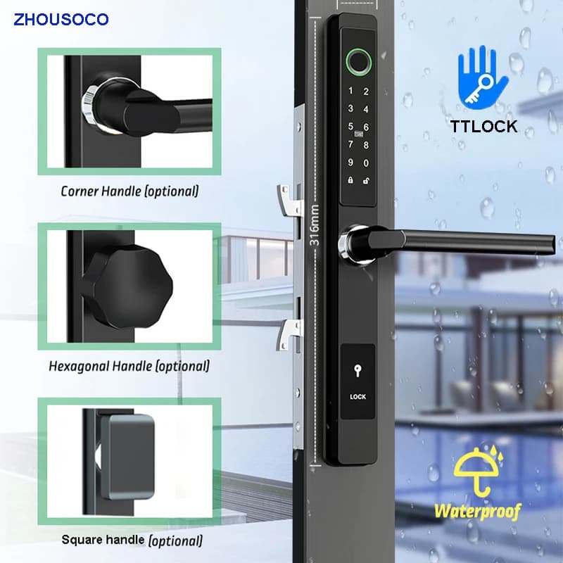 Serratura intelligente per porta esterna impermeabile TTLOCK APP Bluetooth Impronta digitale Scheda RFID Password Serratura elettronica per porta in vetro in alluminio