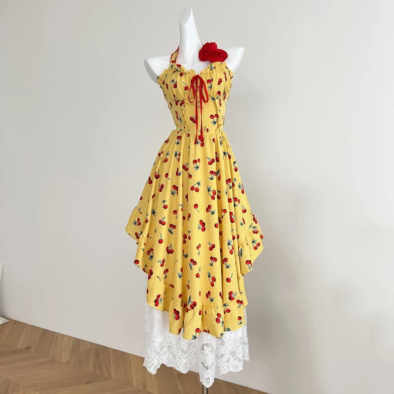 Set di abiti a due pezzi Abito longuette senza schienale con scollo all'americana stampato per le vacanze estive da donna Gonna di pizzo bianco elastico a vita alta alla moda coreana