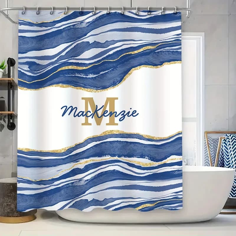 Tenda da doccia personalizzata Design con nome personalizzato con onde blu oro Arredamento moderno per il bagno per ragazze Ragazzi Facile installazione Showe
