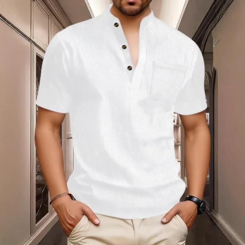 T-shirt estiva da uomo casual con collo Henley a maniche corte, alla moda, traspirante, con tasca, per l'uso quotidiano e il pendolarismo