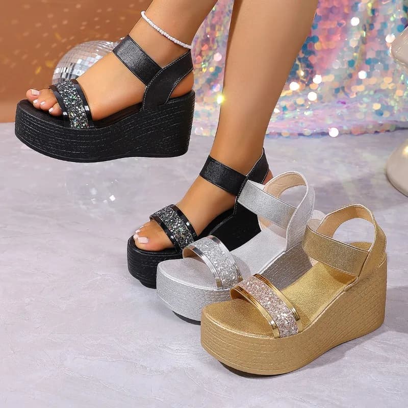 Sandali con Zeppa da Donna di Lusso con Glitter e Paillettes, Nuova Moda Estiva, Sandali con Suola Spessa, Scarpe Casual Femminili Comode con Tacco Alto