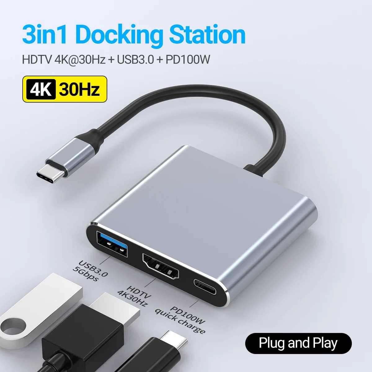 USB C HUB 3 in 1 multi port adapter from type C to HDMI, HDMI 4K for streaming, fast charging 100 W PD, high speed USB 3.0 dock