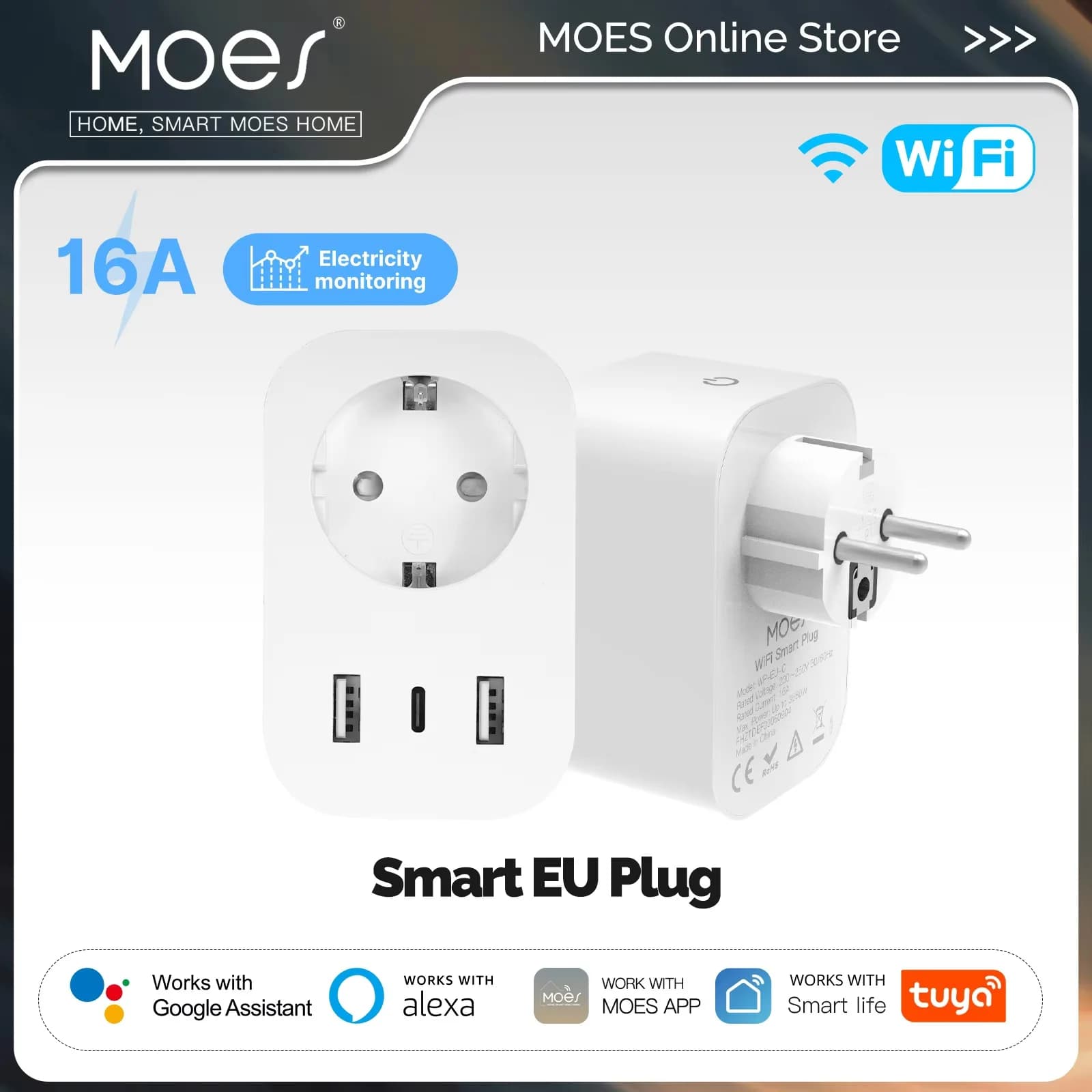 MOES Tuya WiFi Smart Plug 16A Presa EU con 2 USB e 1 Type-C per Ricarica Rapida, Monitoraggio Consumo Energetico, Compatibile con Alexa Google Home