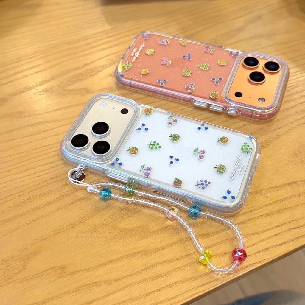 Cover Protettiva Antiurto per iPhone 17 16 15 14 Pro Max con Glitter Trasparente a Frutta Colorata Estiva e Cordino con Perline