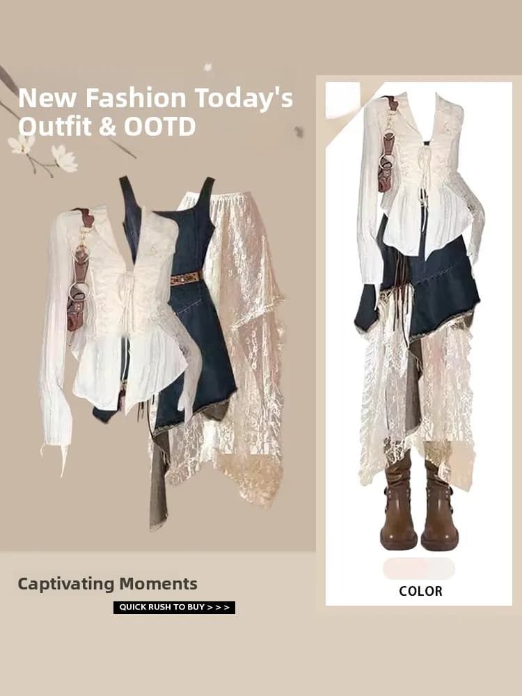 Primavera Estate 2026 Nuovo Design a Strati Gonna in Jeans di Alta Gamma Asimmetrica Versatile Set Due Pezzi alla Moda